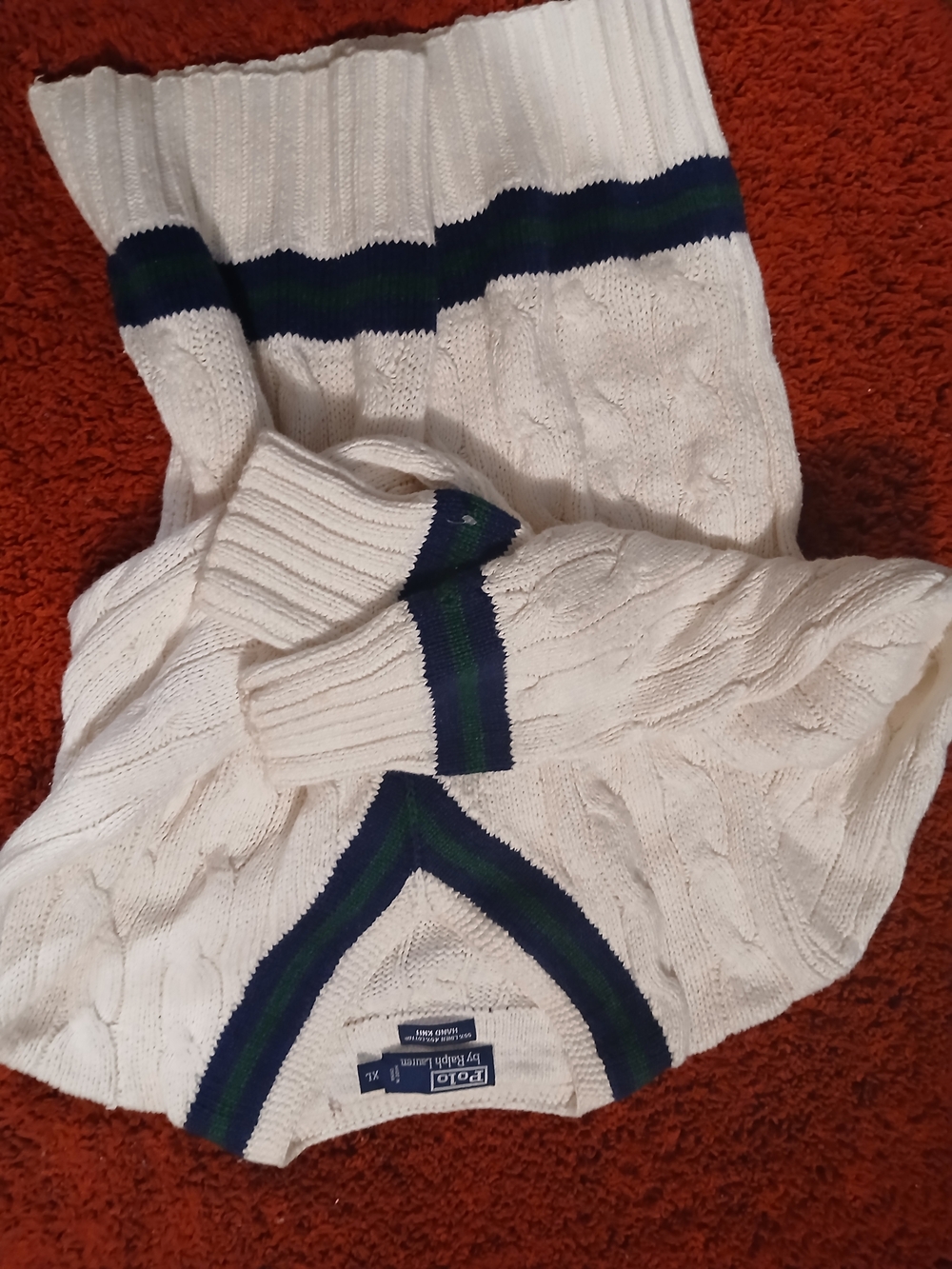 Polo by Ralph Lauren White Cable-Knit V-Neck Sweater with Navy & Green Trim